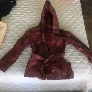 Burgundy leather vintage women’s hooded jacket